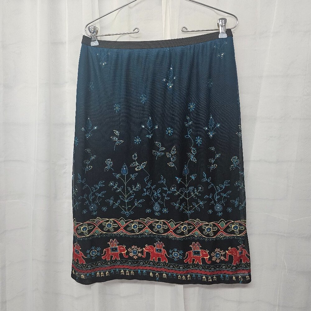 Vintage Carole Little Skirt Fairy Blue Elephant Boho Studded L